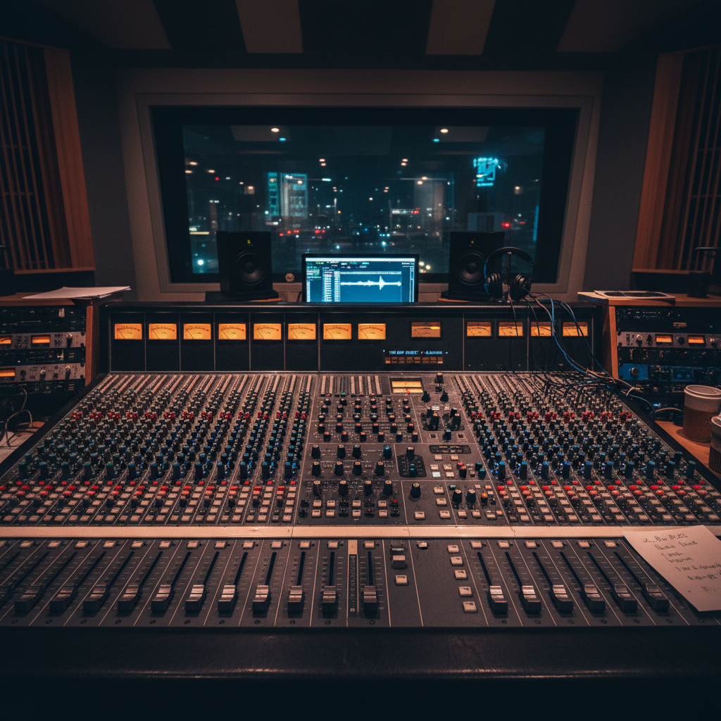 Recording studio control room at night, dark walls, equipment glow, atmospheric dim lighting, cinematic darkness