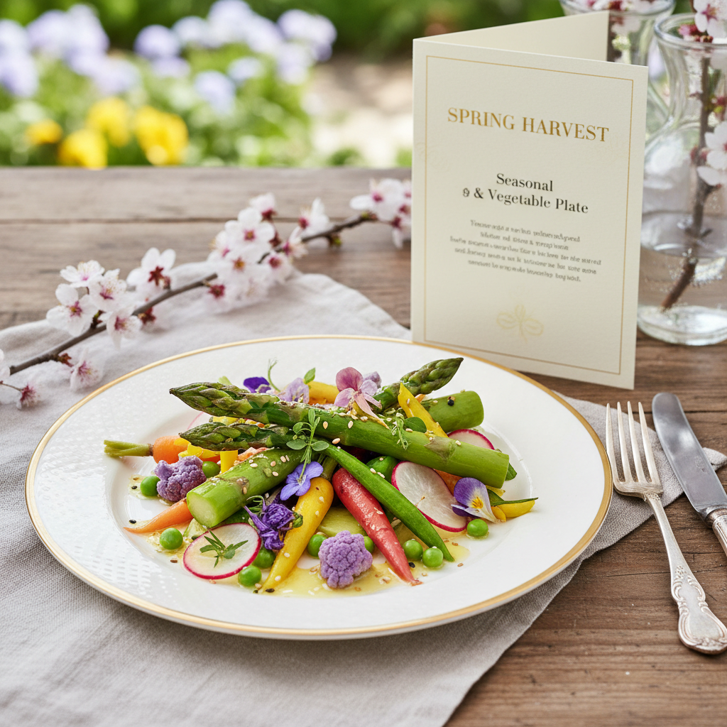 New Nordic cuisine plated with foraged spring herbs and flowers