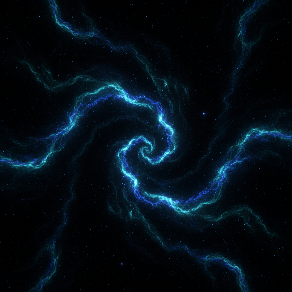 Glowing energy particles in deep purple and gold against a dark atmospheric void — dim, mystical, cosmic environment