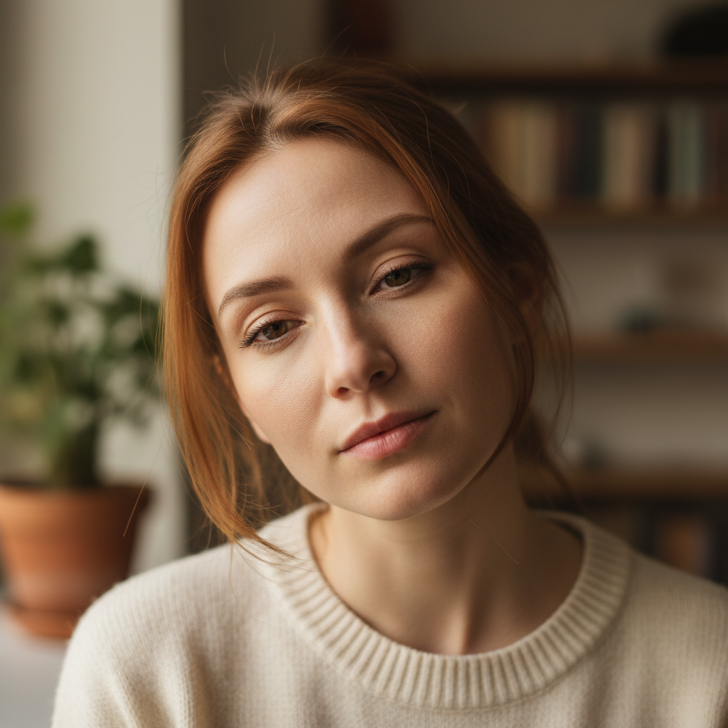 Woman with thoughtful expression in office environment