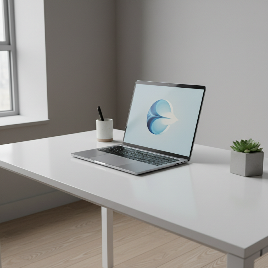 Premium laptop open on dark desk with soft ambient lighting, clean minimal composition