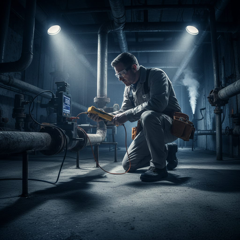 Plumber using electronic leak detection equipment on floor, bright clean environment, professional tools visible