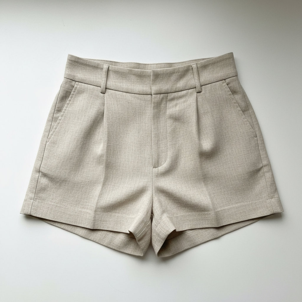 Beige tailored bermuda shorts on model, bright studio, summer fashion photography