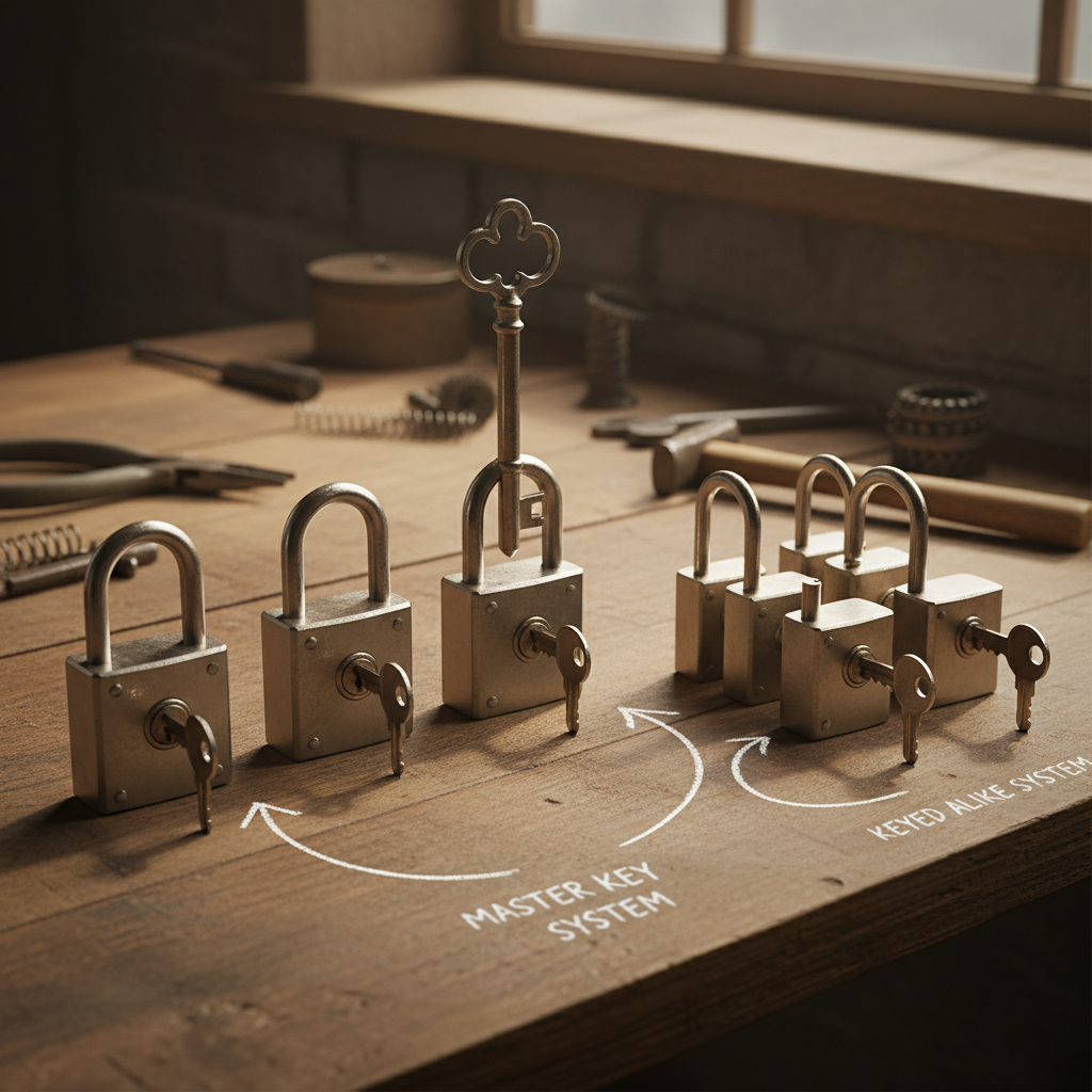 Multiple keys and padlocks arranged to illustrate master keying and keyed alike systems