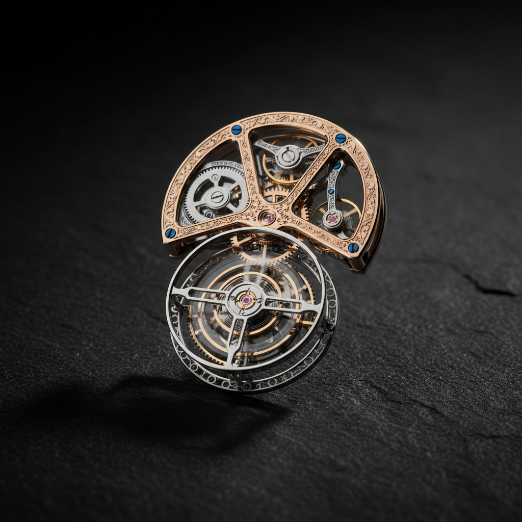 Skeleton tourbillon watch movement, visible gears and balance wheel, dim atmospheric lighting, deep black background