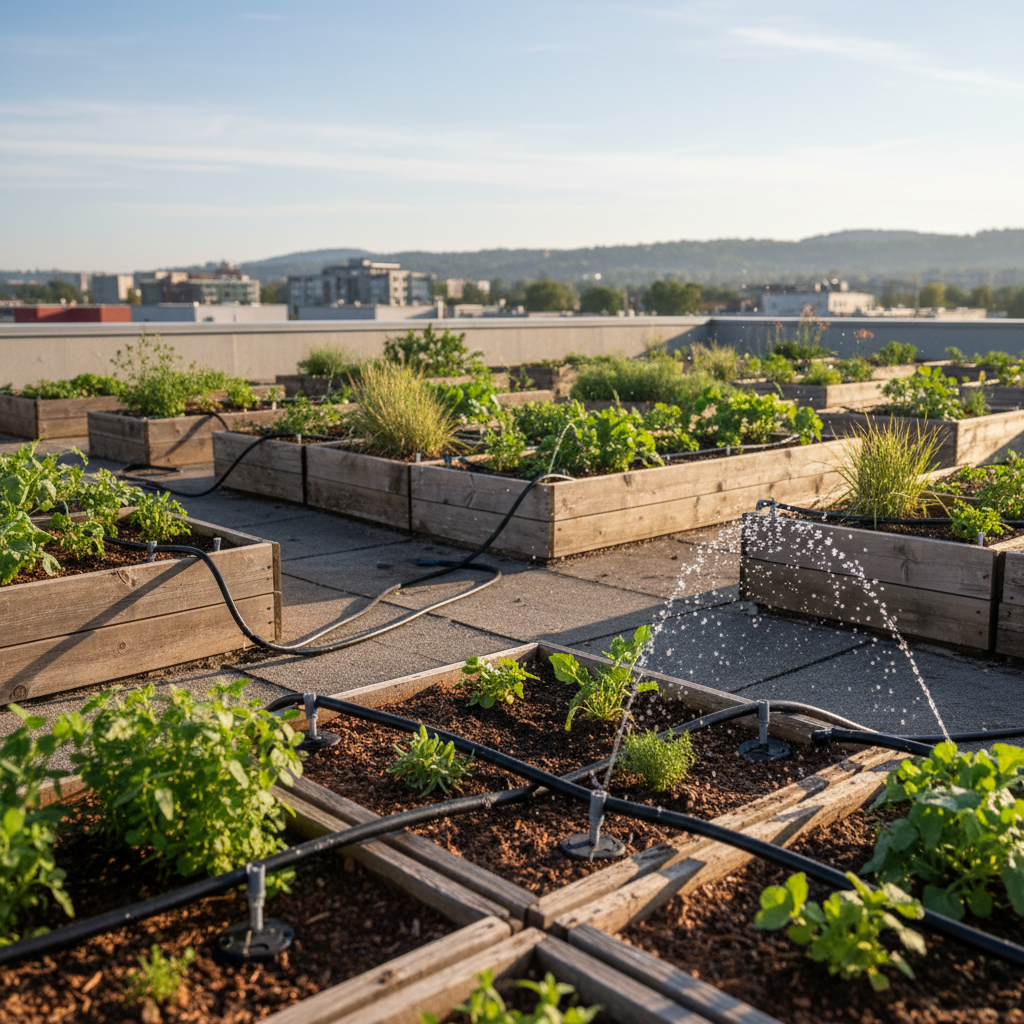 Automated drip irrigation system installed across rooftop planter beds in morning light