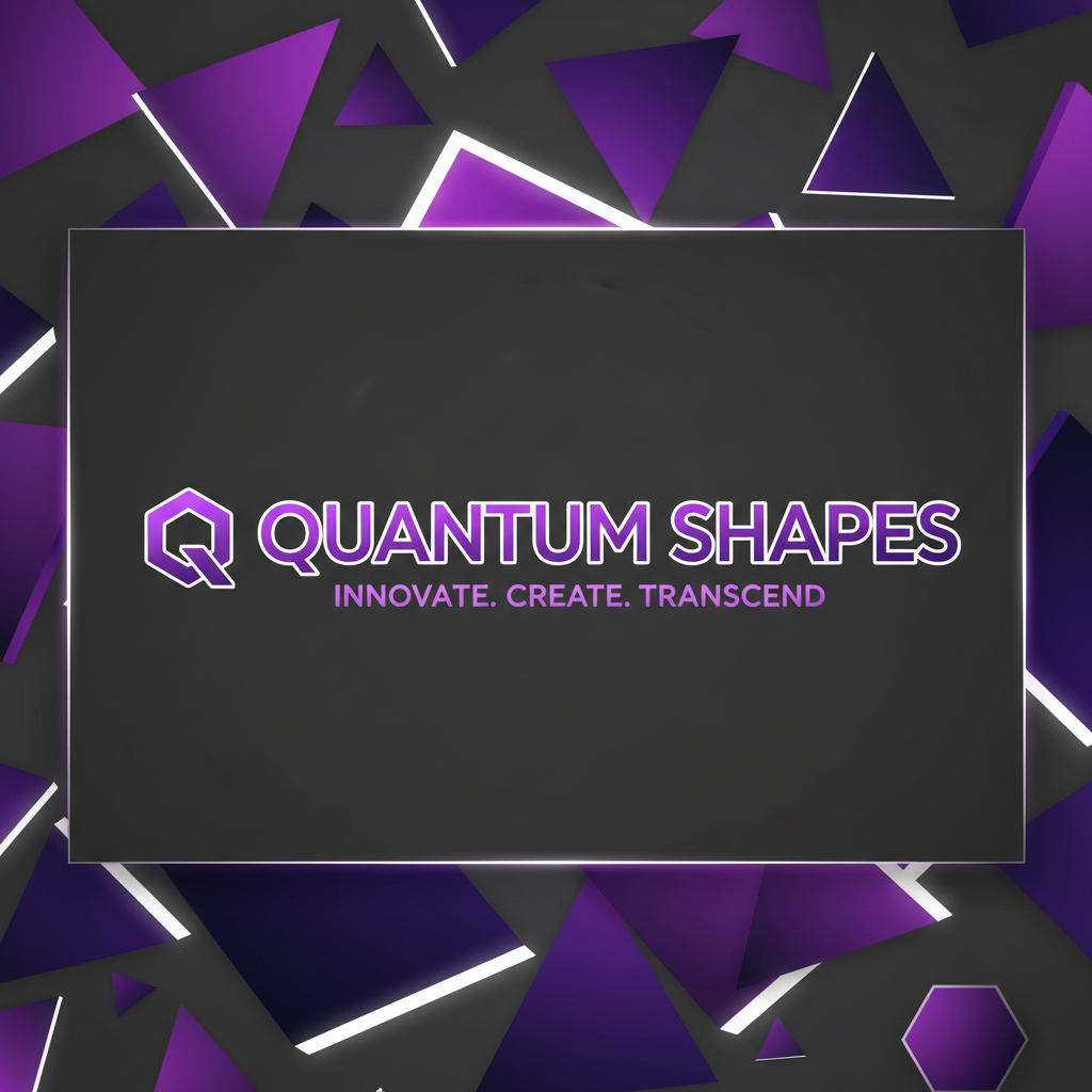 Bold purple and white brand identity design on dark background with geometric shapes