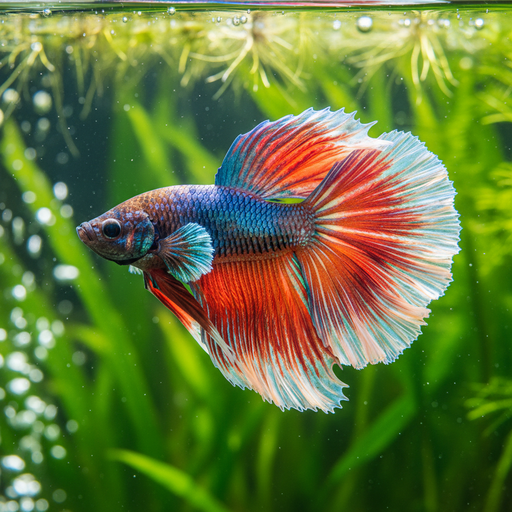 Vibrant betta fish with full fins showing healthy coloration in a planted aquarium after treatment