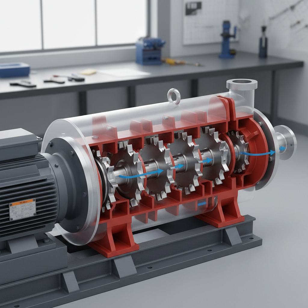 Multistage high-pressure pump with multiple impeller stages visible in cross-section