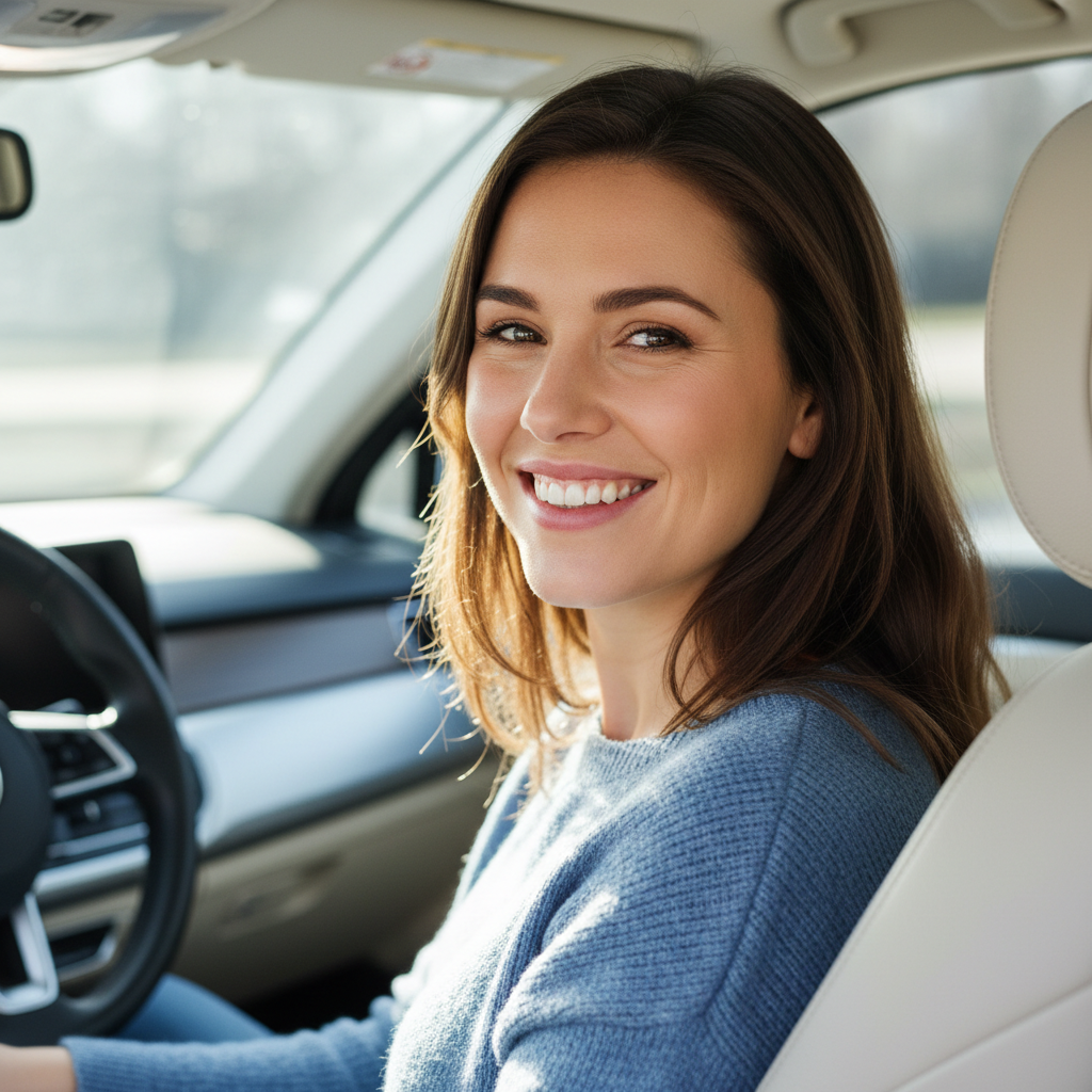 Sophie Hartley, woman in her late twenties smiling confidently, sitting in a car