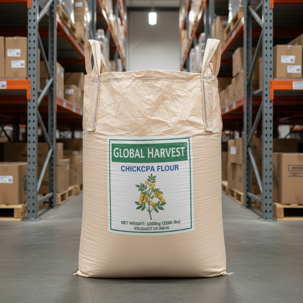 Large bulk sack of chickpea flour in commercial warehouse setting industrial lighting