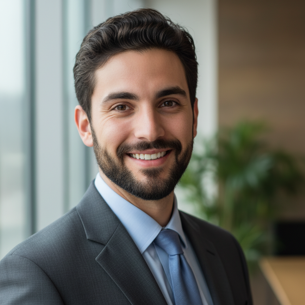 Young professional man with short dark hair in white shirt smiling confidently