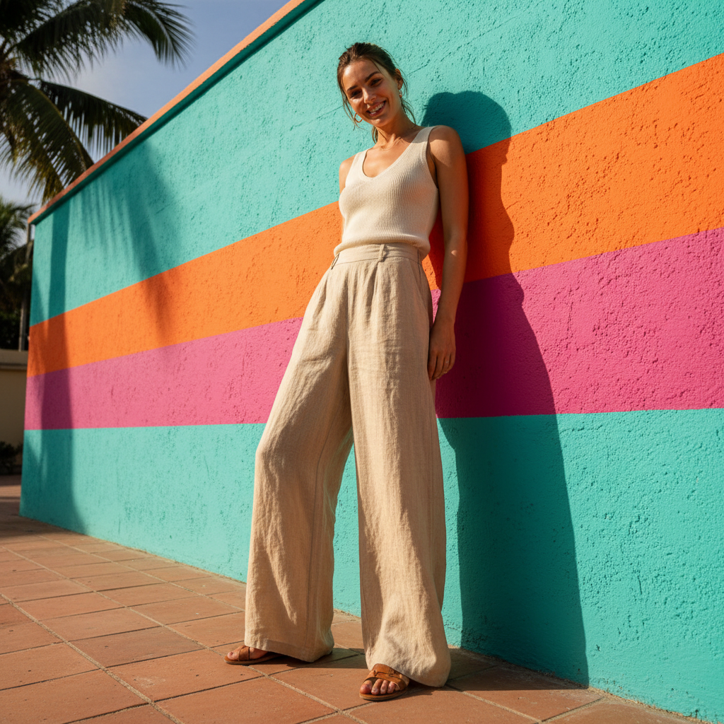 Sun-bleached wide-leg linen trousers in natural sand color on studio floor