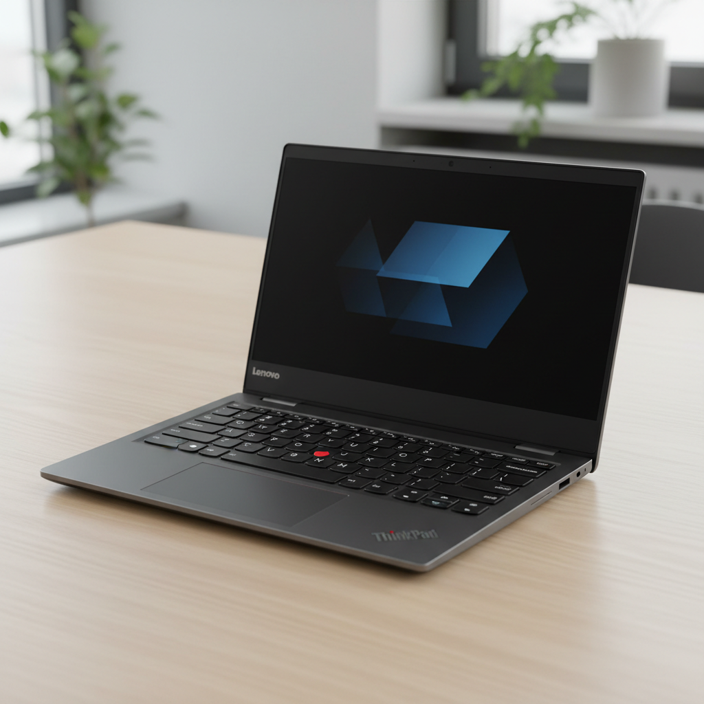 Lenovo ThinkPad laptop with dark chassis on wooden desk