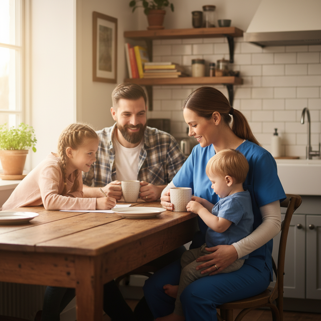 Nurse practitioner in scrubs sitting with family at kitchen table