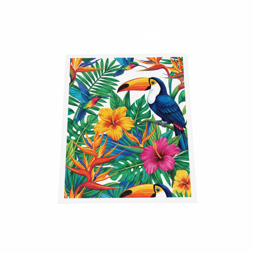 Detailed botanical digital illustration with tropical plants and colorful birds on cream background