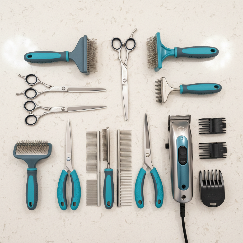 Dog grooming tools and workspace