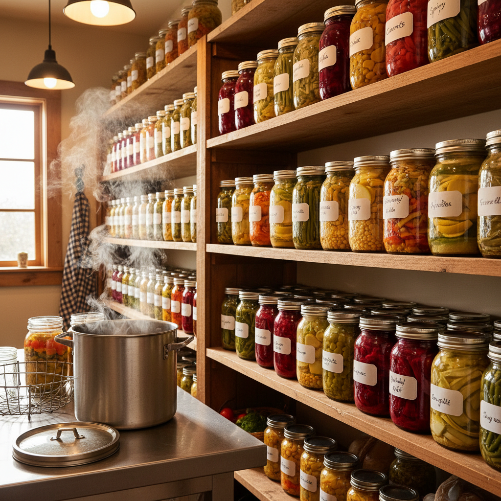 Rows of glass canning jars filled with preserved vegetables on wooden shelving, warm kitchen light, steam rising from a canning pot