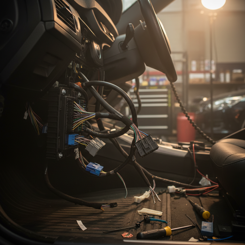 BMW vehicle interior footwell module wiring and connectors in dark workshop setting