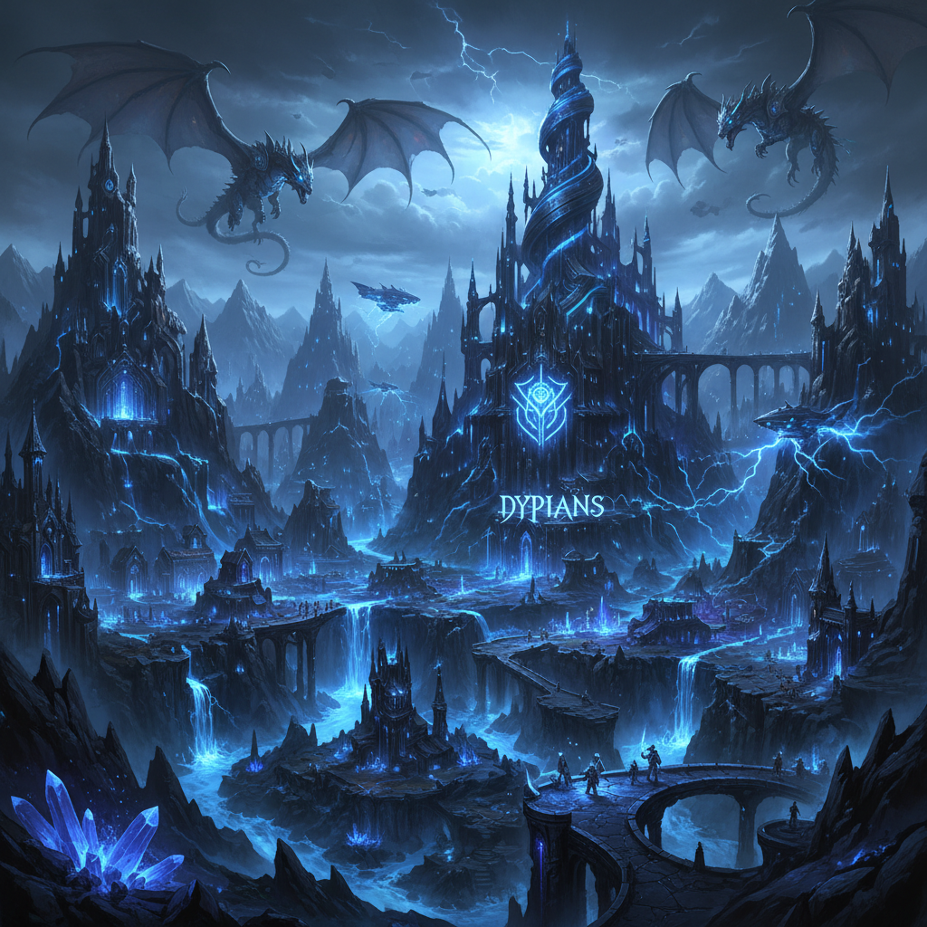 World of Dypians MMORPG crypto game dark fantasy world with neon blue atmospheric lighting