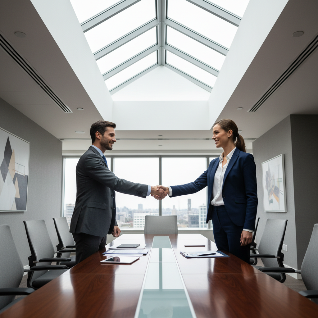 Two business professionals shaking hands across a conference table after completing an acquisition negotiation