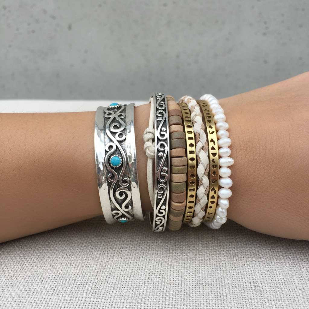 Silver cuff bracelet on wrist with boho stack