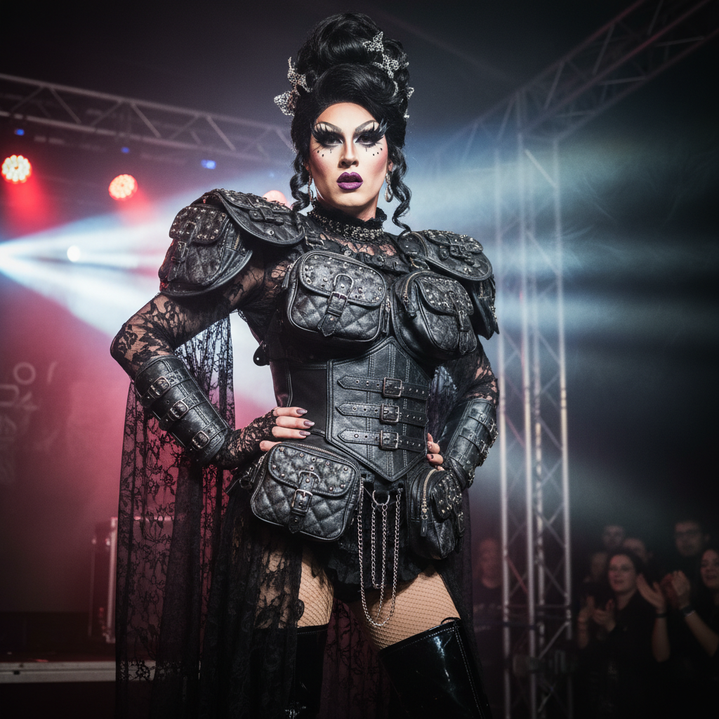 Drag performer mid-stage wearing gothic leather bag as armor accessory