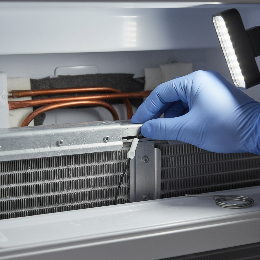 Close-up of thermistor probe being installed in refrigerator evaporator housing