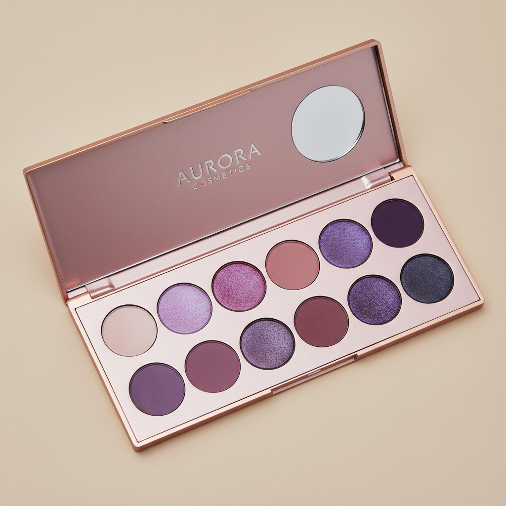Magnetic eyeshadow palette opened flat showing 12 shades from pale lilac to deep plum, one shade swiveled open