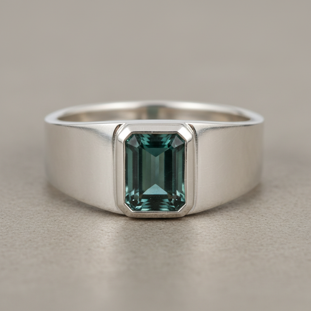 Week 6 student work: clean closed bezel on sterling silver ring with faceted tourmaline stone set flush
