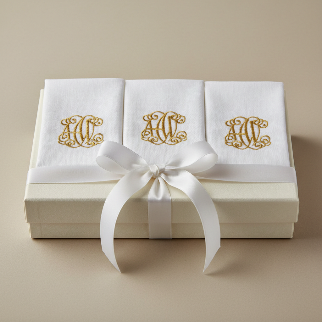 Elegant white linen handkerchiefs with gold monogram embroidery arranged in a gift box with white ribbon