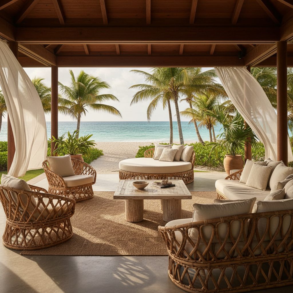 Tropical villa interior with open walls, rattan furniture, and direct view to Caribbean turquoise water and white sand beach