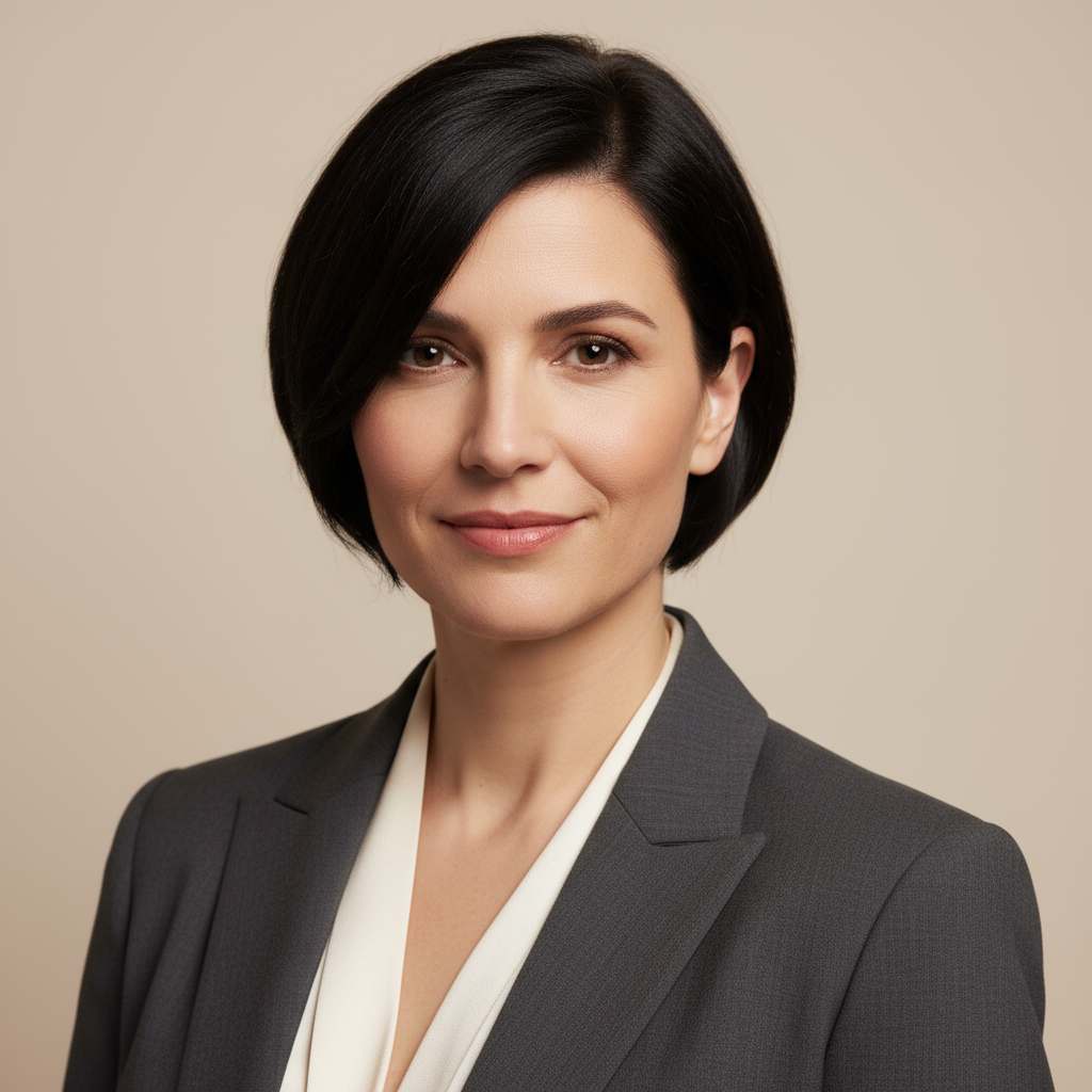 Professional woman with short dark hair in business attire, bright neutral background