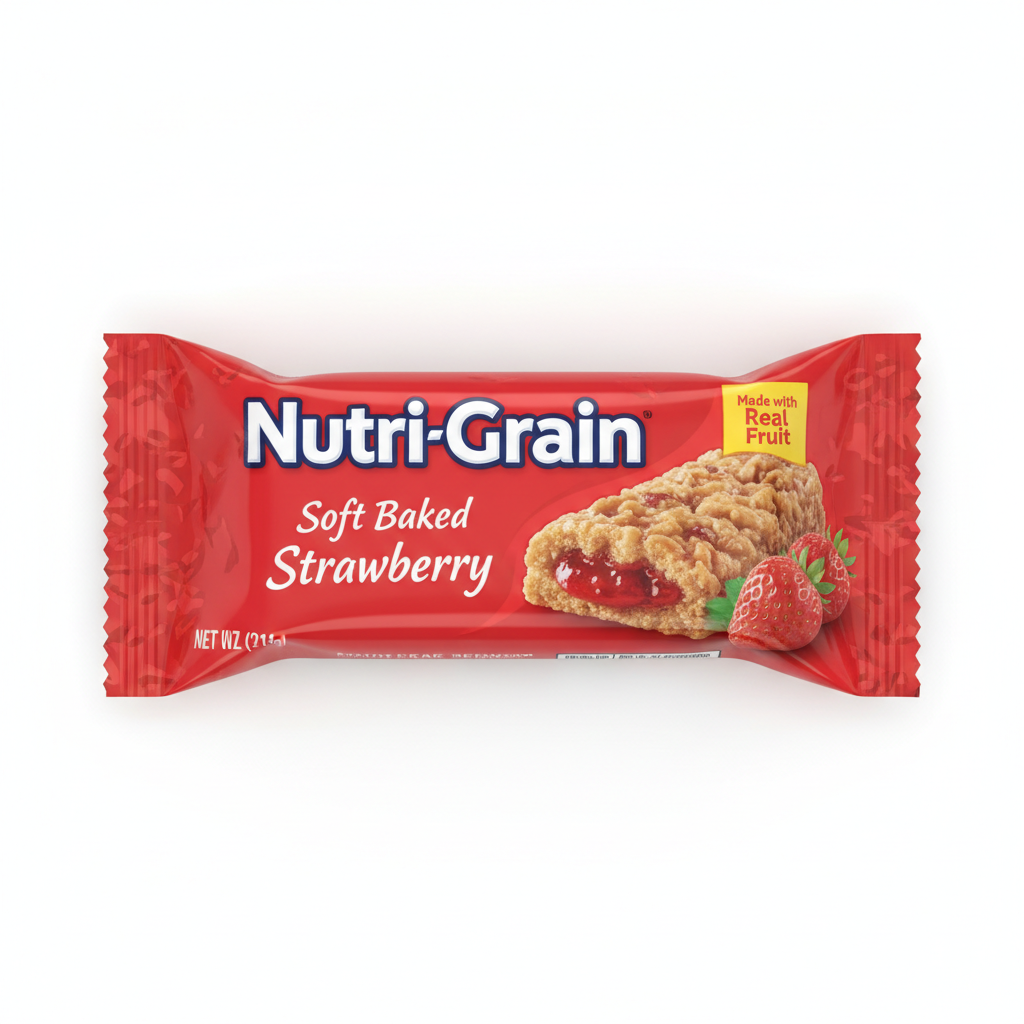 Nutri-Grain soft baked strawberry breakfast bar in red wrapper