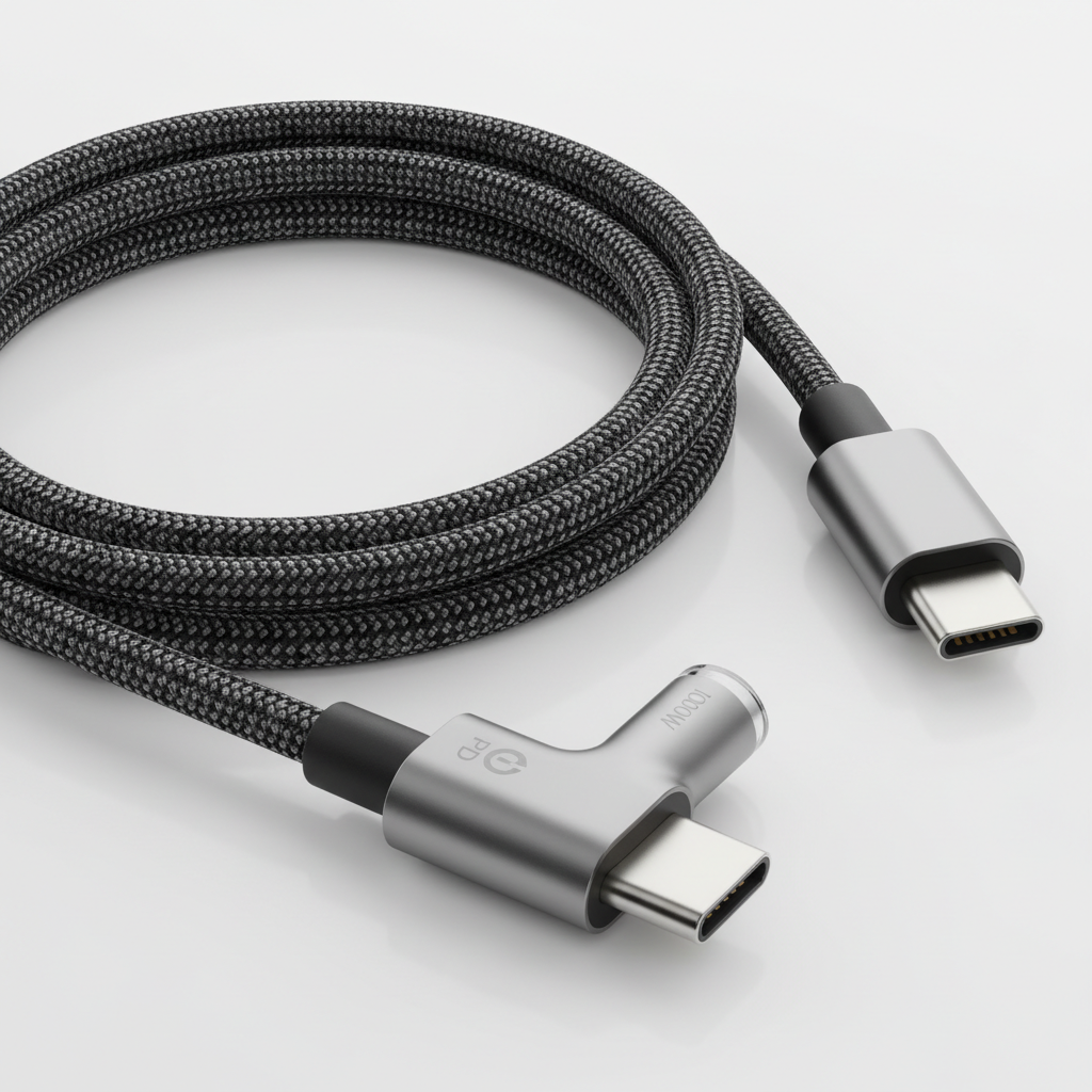 Braided black USB-C cable coiled on dark surface