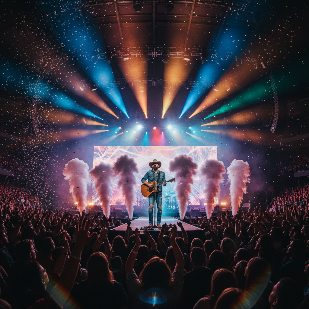 Country music concert stage with warm amber and gold spotlights, atmospheric smoke effects, dark venue