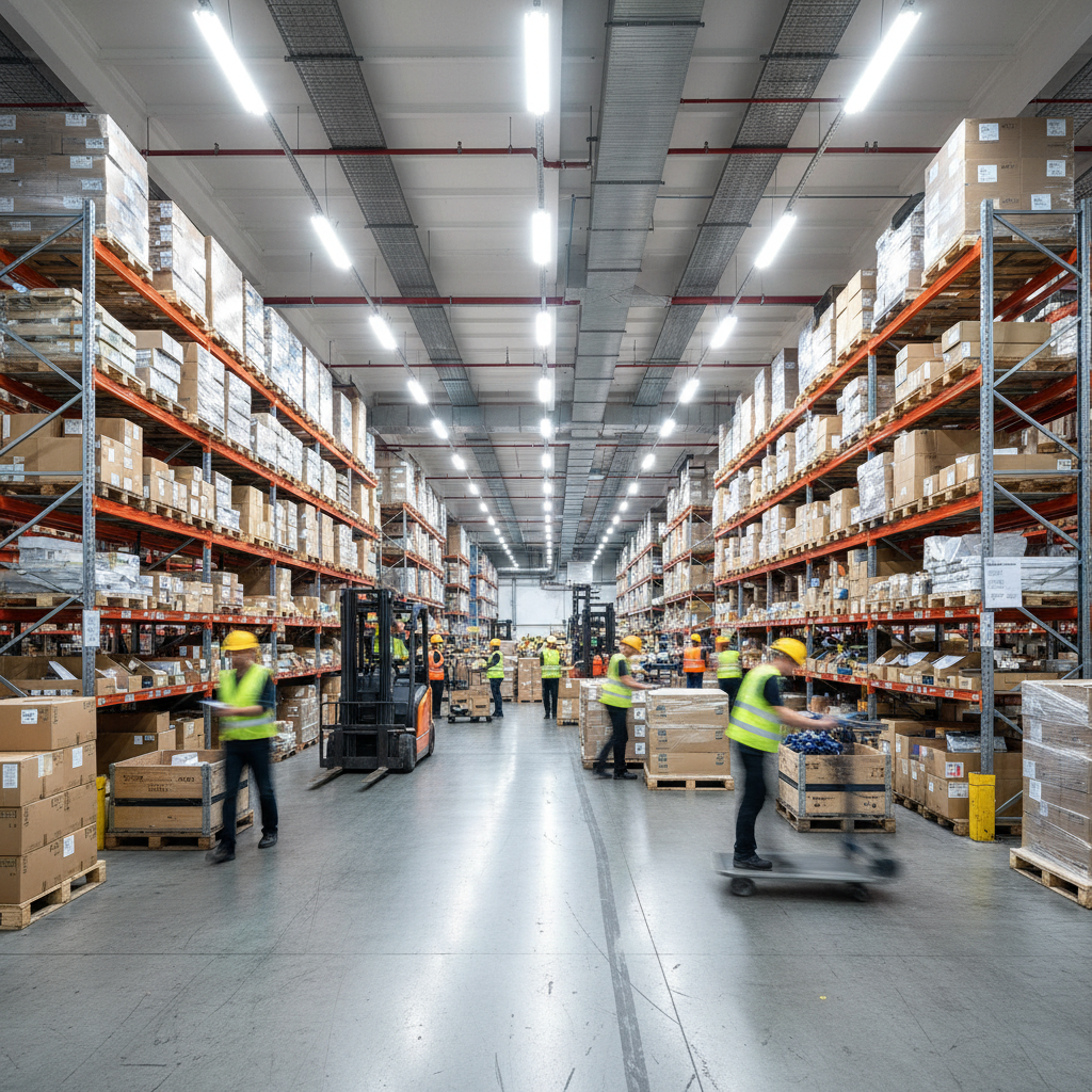 Warehouse floor with workers and tall shelving racks under industrial lighting