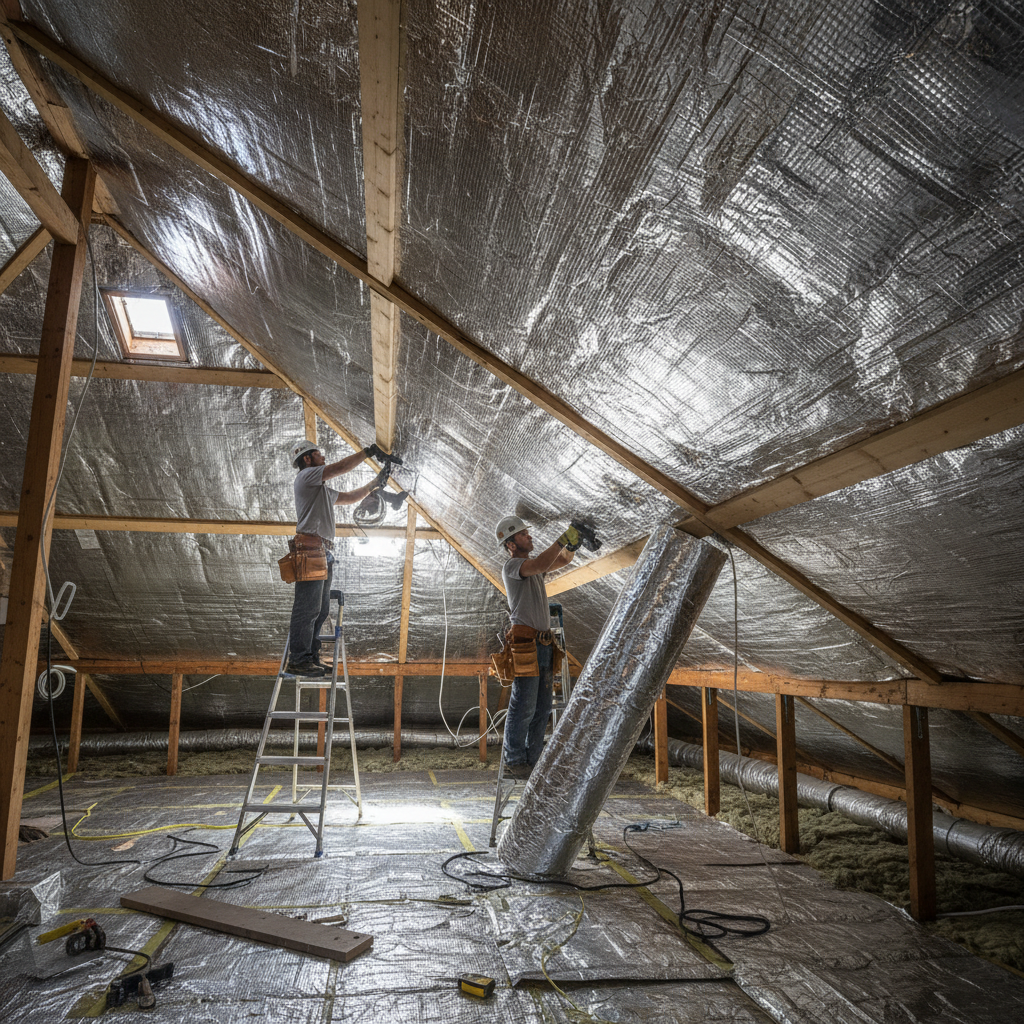 Shiny reflective foil radiant barrier insulation being installed in attic rafters