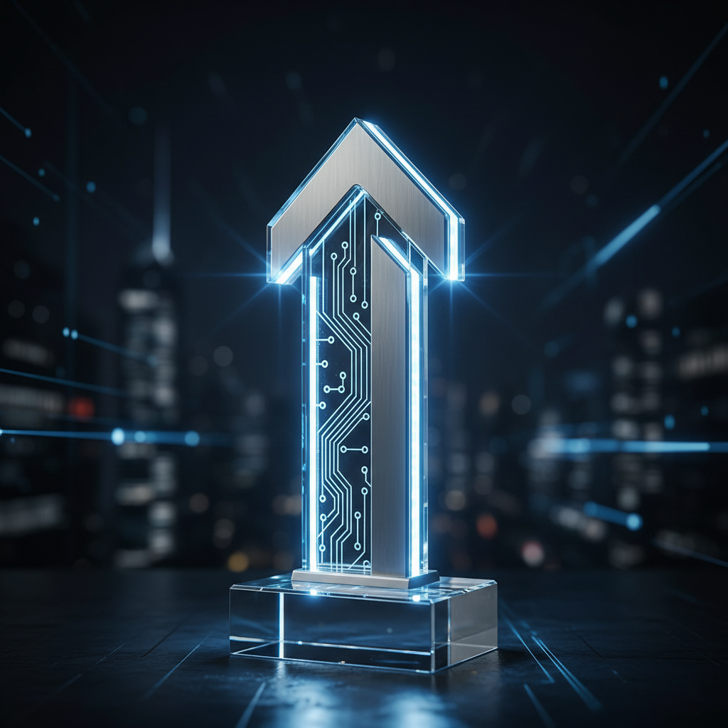 Modern glass trophy award on white pedestal with dramatic lighting