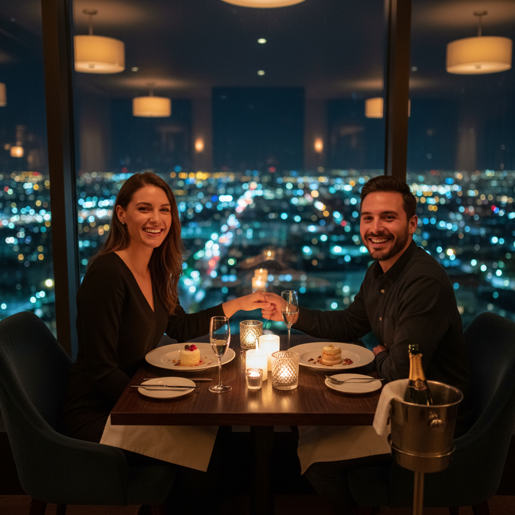 Modern couple celebrating anniversary at candlelit window table with city lights