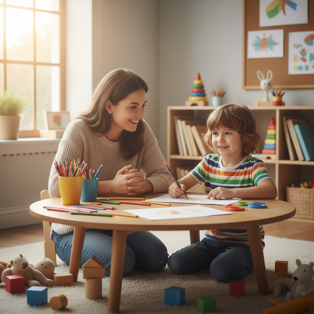Child psychologist in warm session with young child using play therapy materials, safe and comforting environment