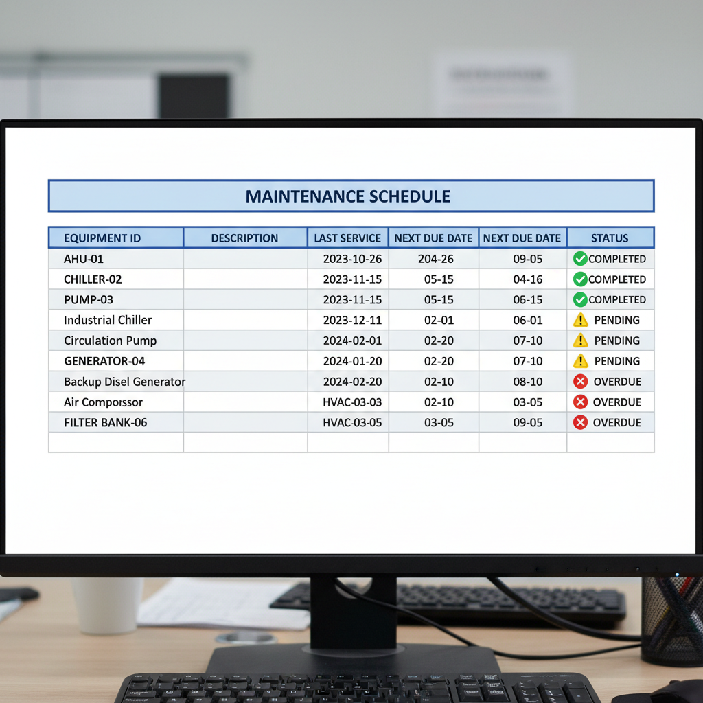 Laptop screen showing a spreadsheet with multiple red cells indicating overdue equipment inspections