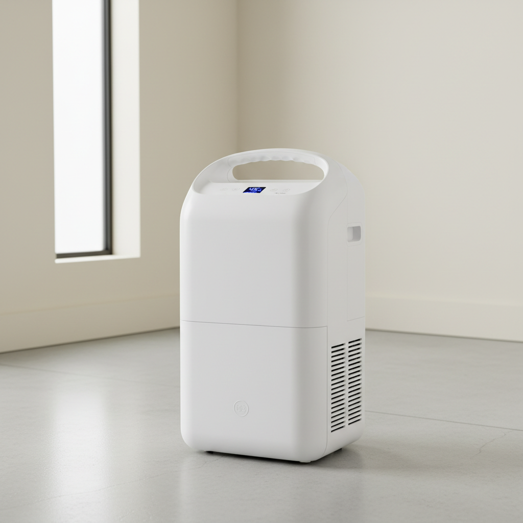 Compact white dehumidifier unit with digital display on a wooden floor