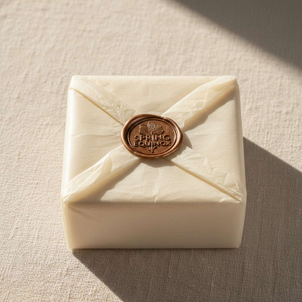 Spring Equinox candle box, tissue-wrapped with wax seal on cream linen surface