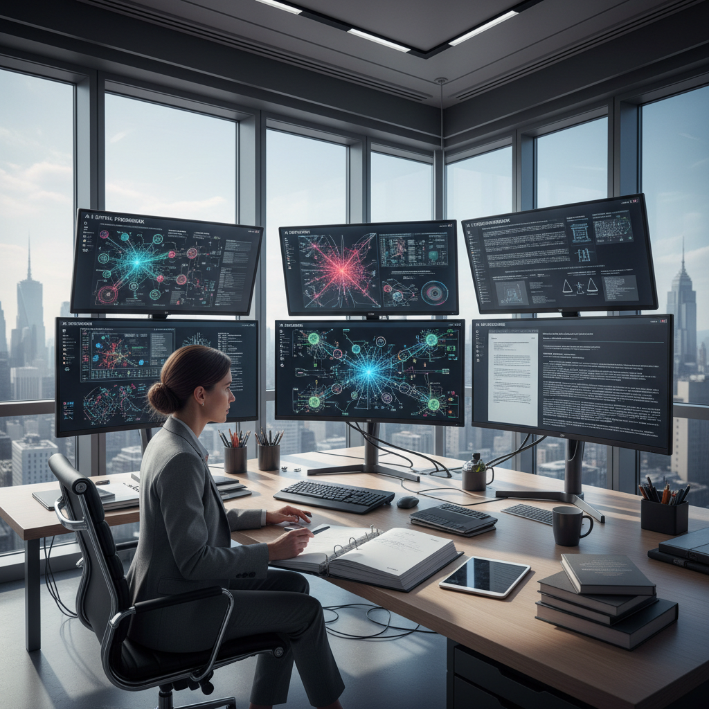 Technology professional mapping AI systems and governance documentation on a modern workstation