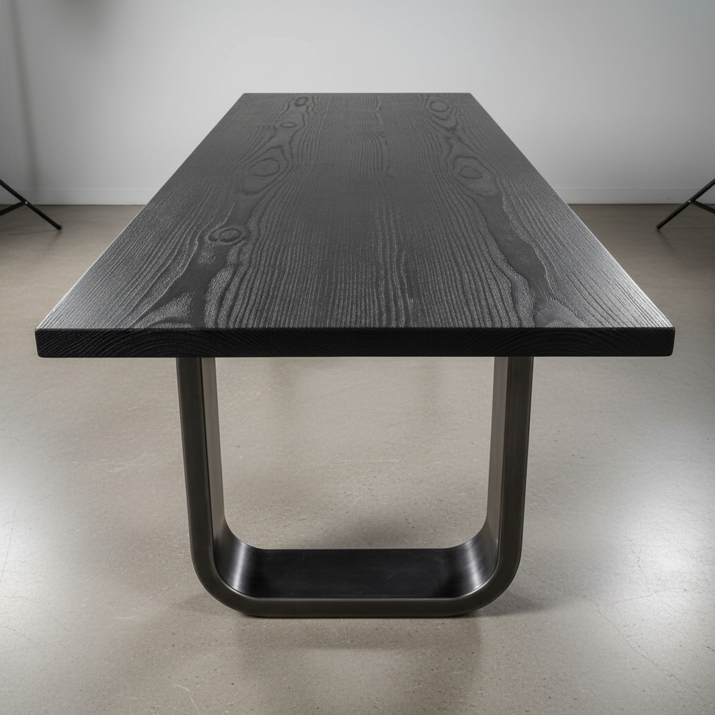 Raw edge timber side table with blackened steel legs on a neutral textured surface
