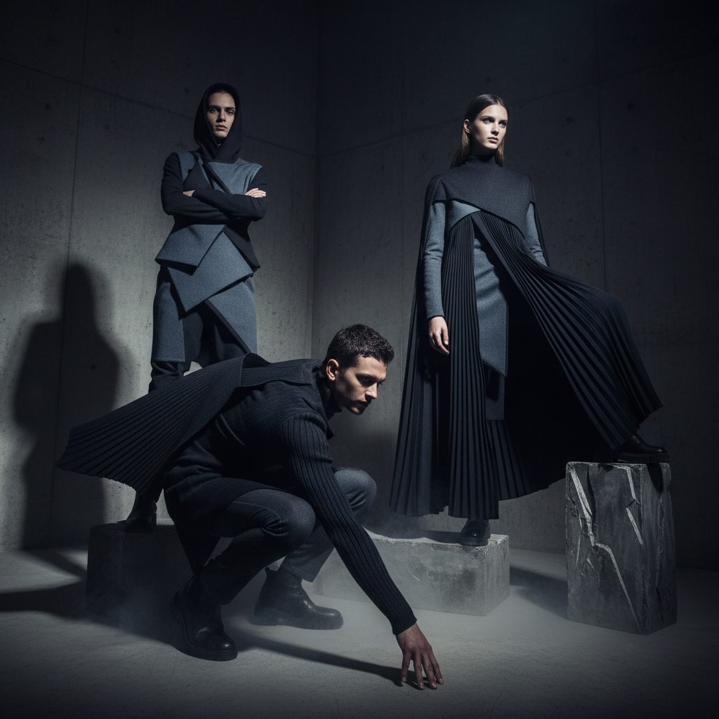 Dark moody fashion editorial — deep shadows, dim atmospheric lighting, dark concrete walls, models in dark clothing, low-key cinematic lighting