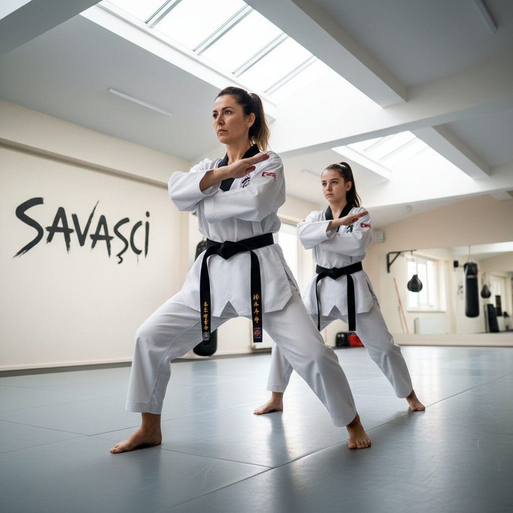Turkish mother and teenage daughter in martial arts gear practicing defensive stance in bright training hall