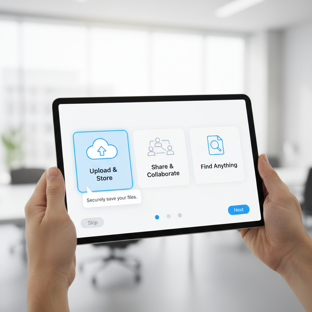 Clean UI walkthrough with captions visible on onboarding screen