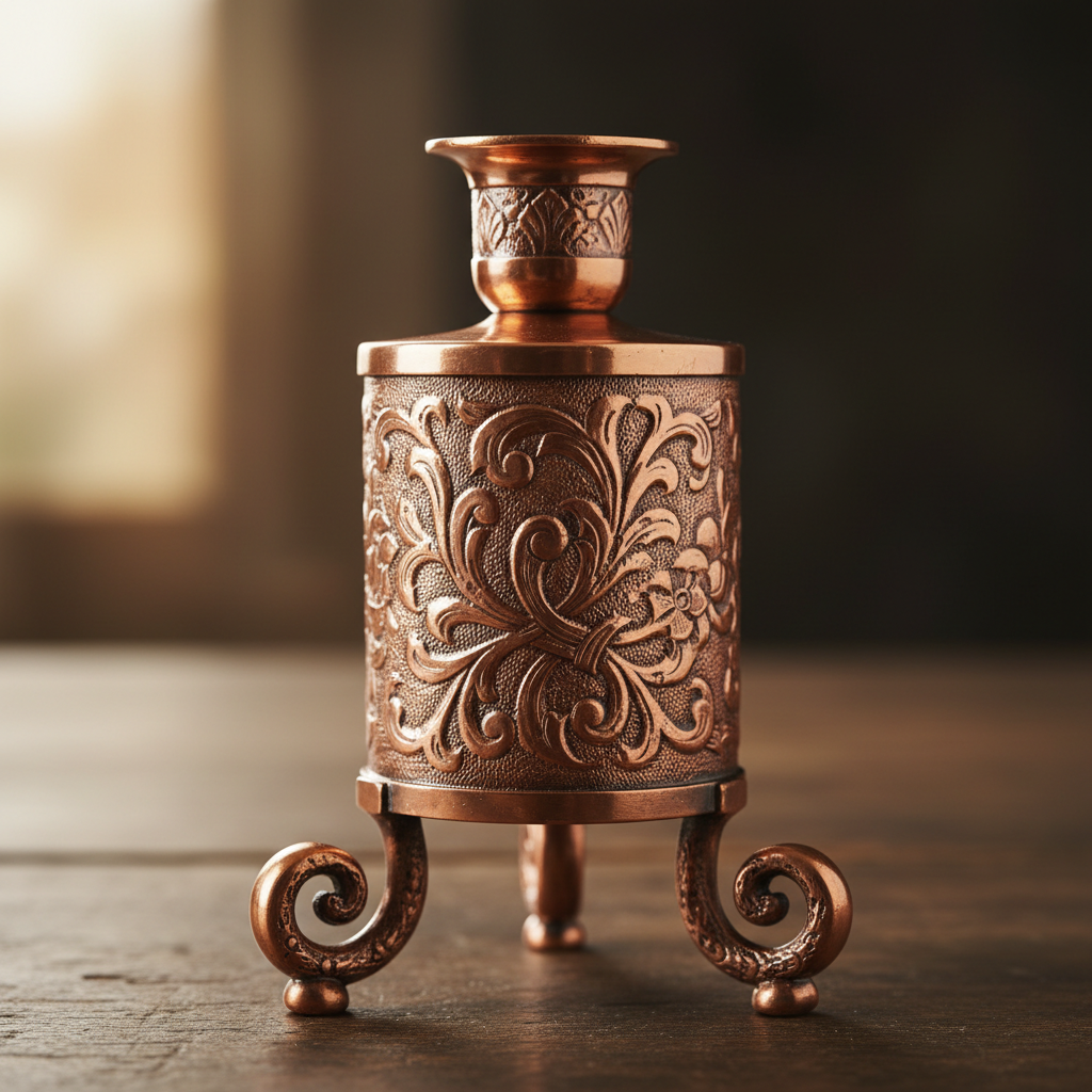 Round copper tray with hand-engraved floral and calligraphic patterns in antique finish